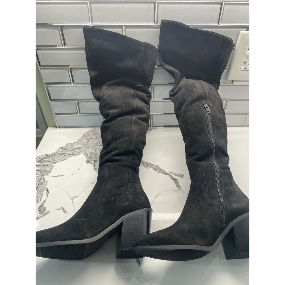 Lisa Vicky Knockout-V Black Split Suede Tall Platform Heel Boots Size 6‎ NIB